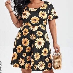 Shein Black Cotton Polyester Spandex Blend Sunflower Women’s Dress Size 2XL